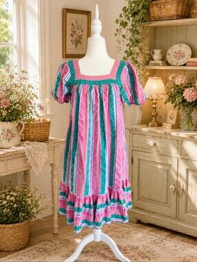 Vintage Ramona Rull Pink Green Stripe Puff Sleeve Cottagecore Prairie Dress P